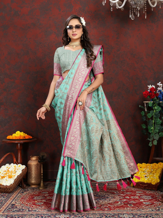 Vedant Vastram Turquoise Color Banarasi Silk Saree - Turquoise | Swadesiicart