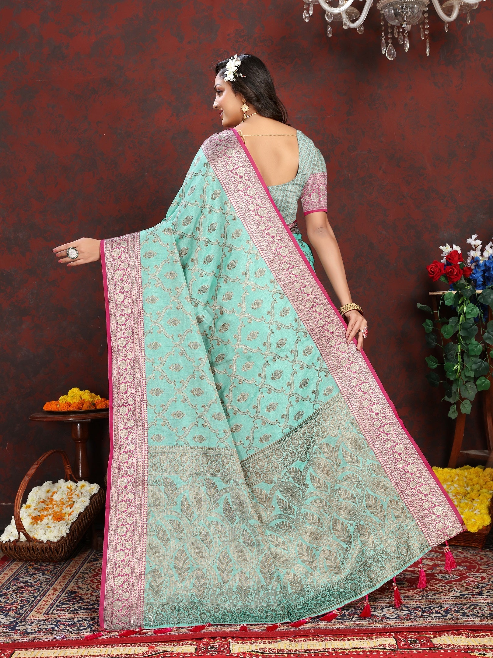 Vedant Vastram Turquoise Color Banarasi Silk Saree - Turquoise | Swadesiicart