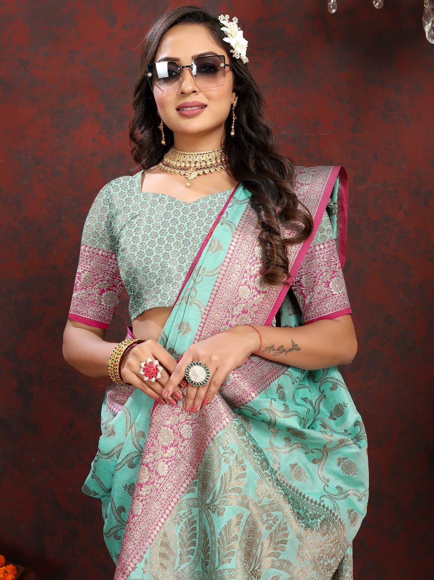 Vedant Vastram Turquoise Color Banarasi Silk Saree - Turquoise | Swadesiicart