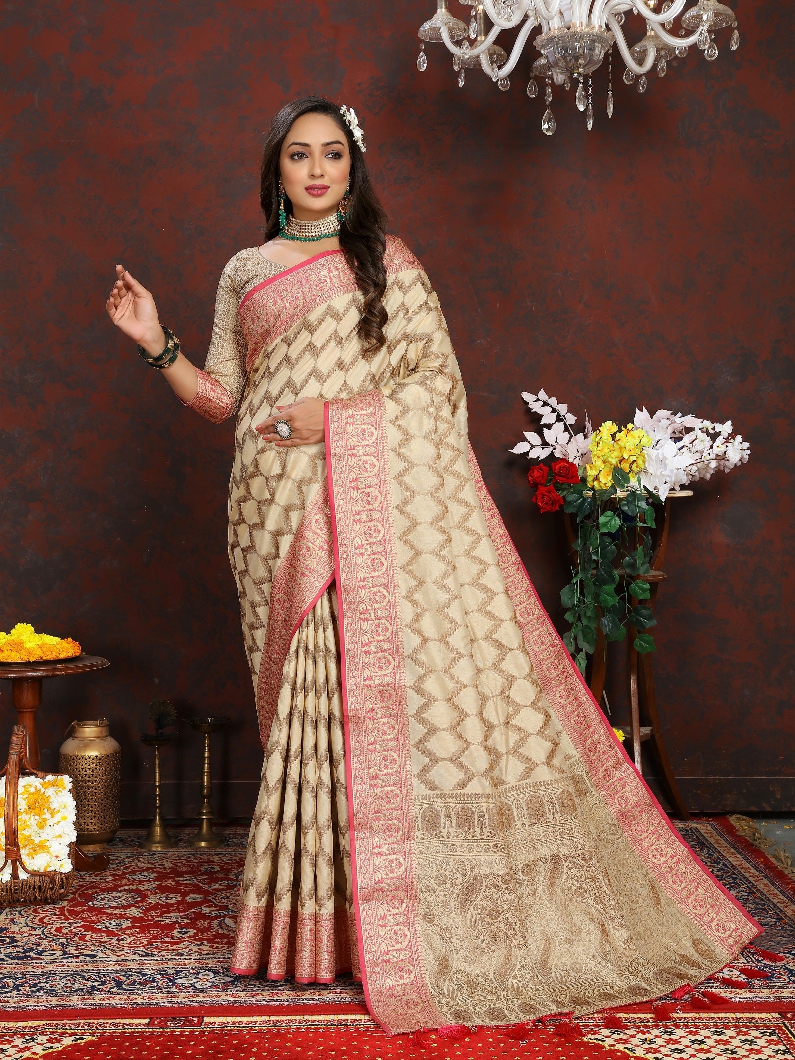 Vedant Vastram Beige Color Banarasi Silk Saree - Beige | Swadesiicart