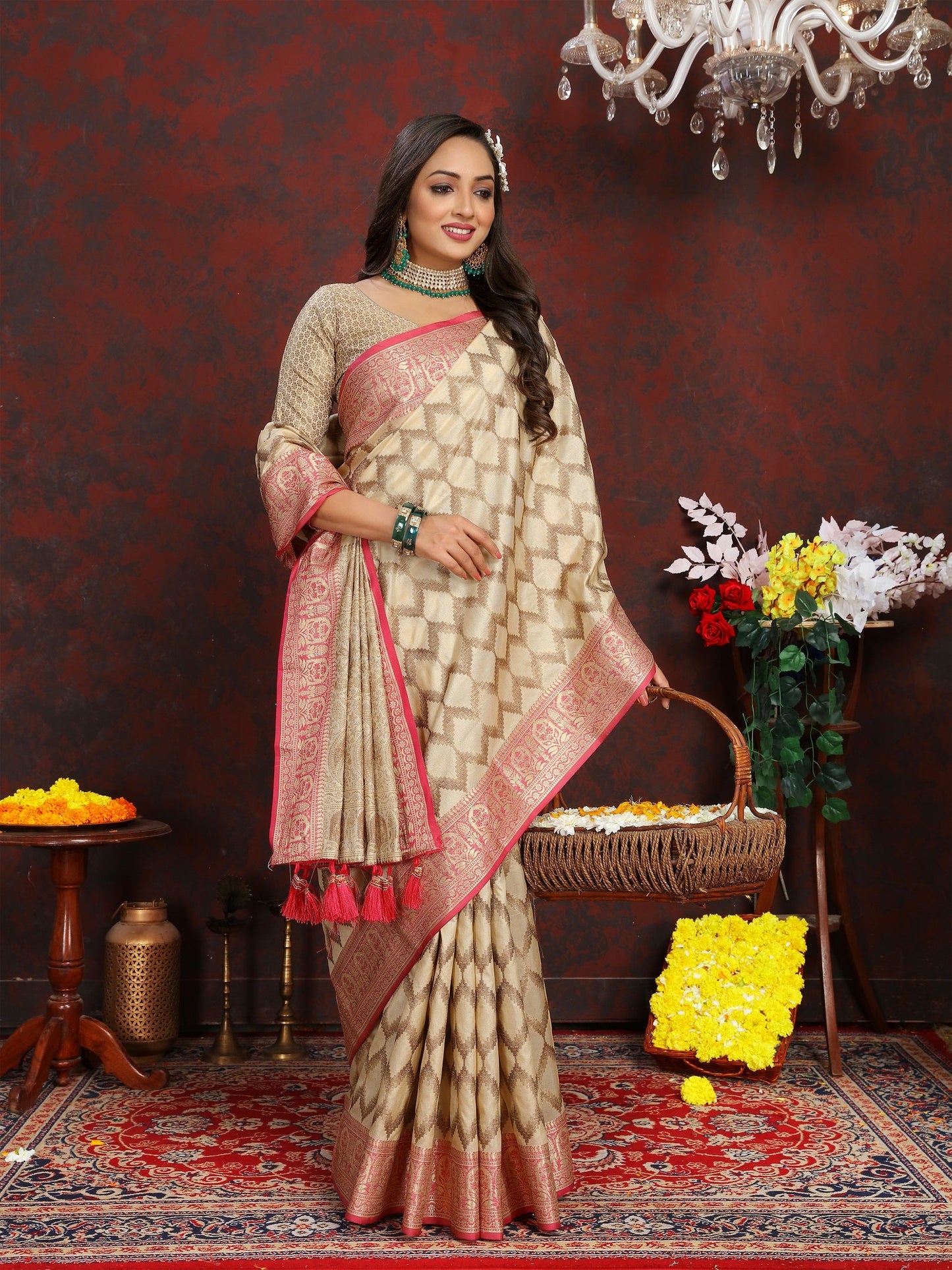 Vedant Vastram Beige Color Banarasi Silk Saree - Beige | Swadesiicart