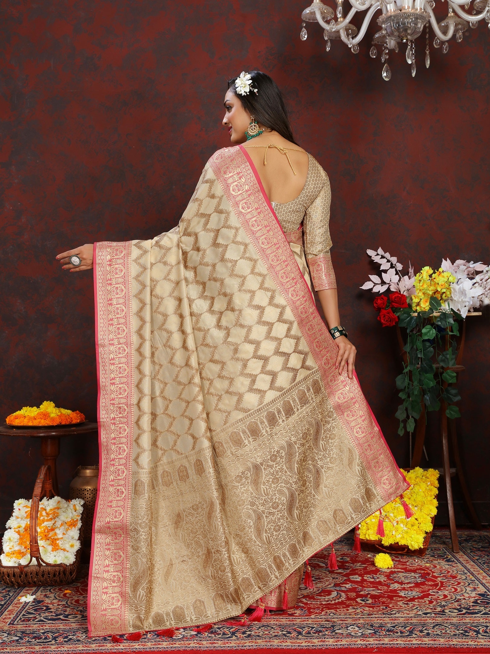 Vedant Vastram Beige Color Banarasi Silk Saree - Beige | Swadesiicart