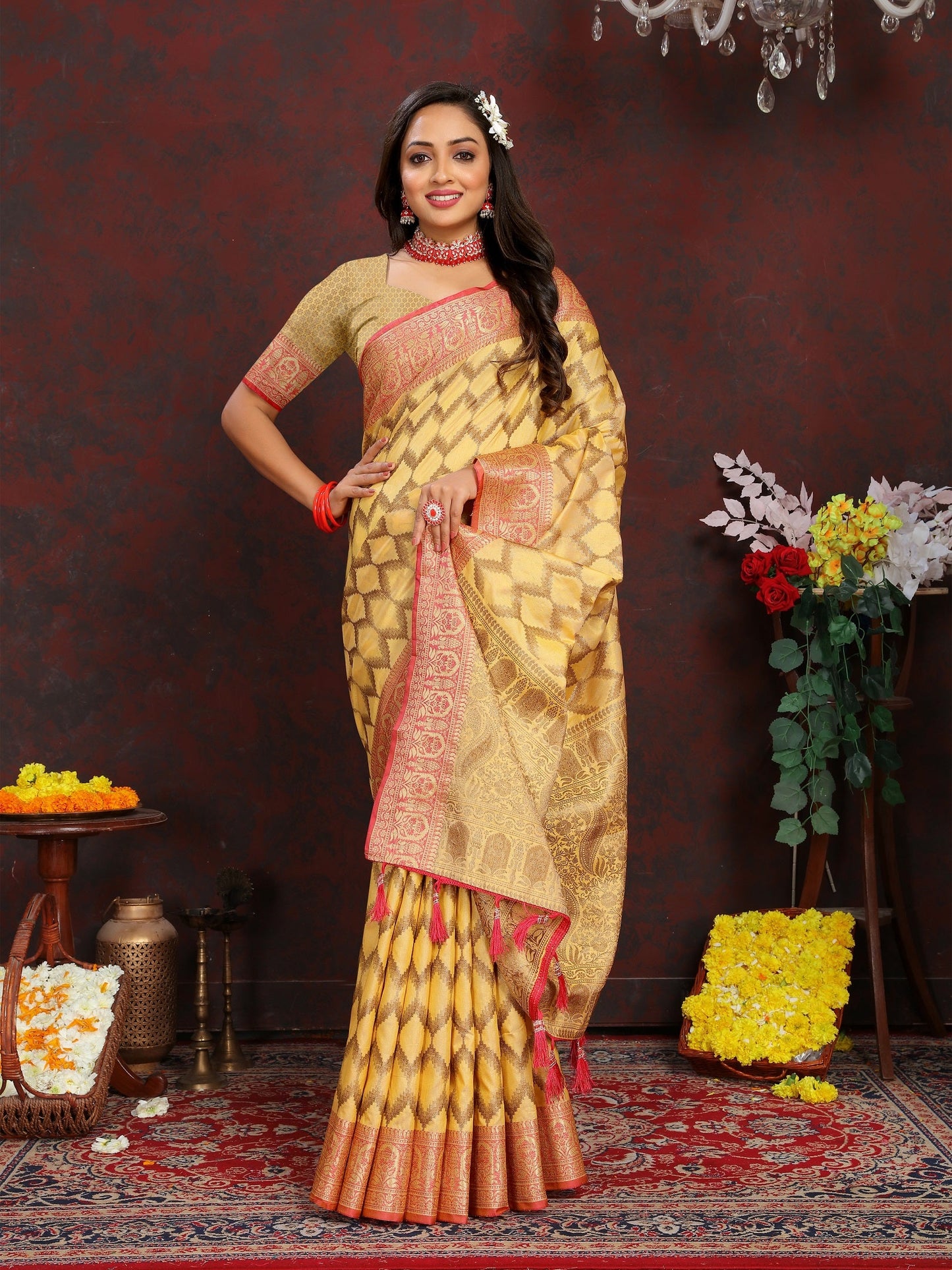 Vedant Vastram Mustard Color Banarasi Silk Saree - Mustard | Swadesiicart