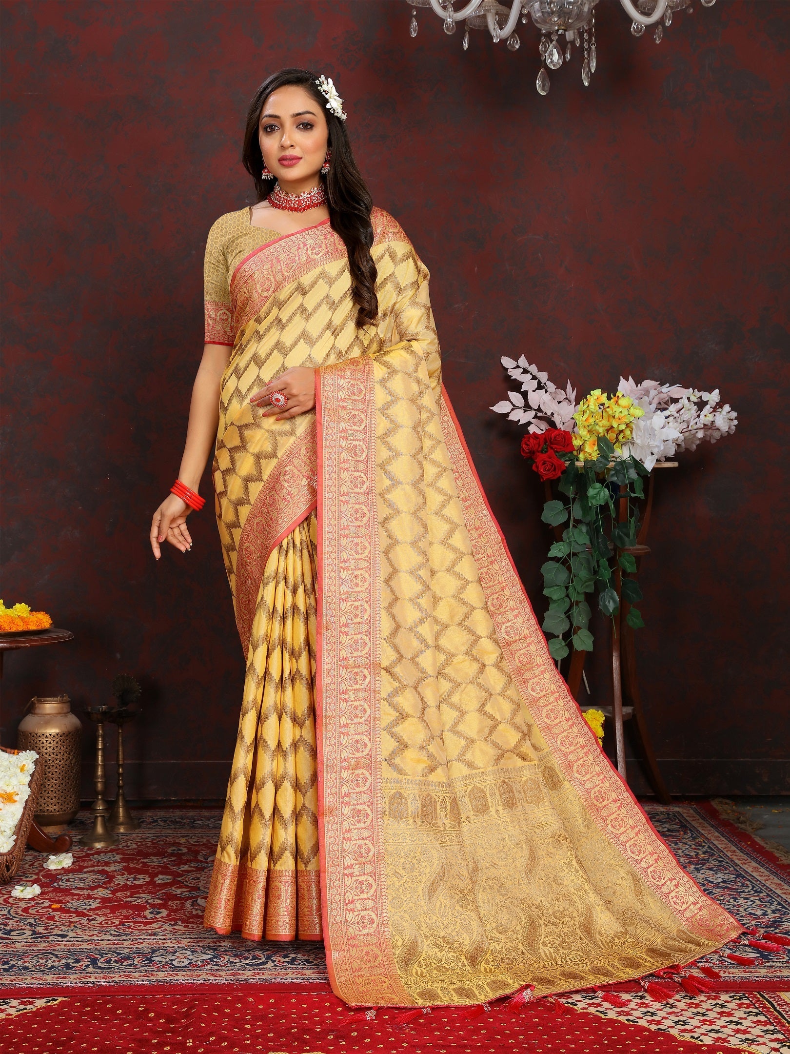 Vedant Vastram Mustard Color Banarasi Silk Saree - Mustard | Swadesiicart