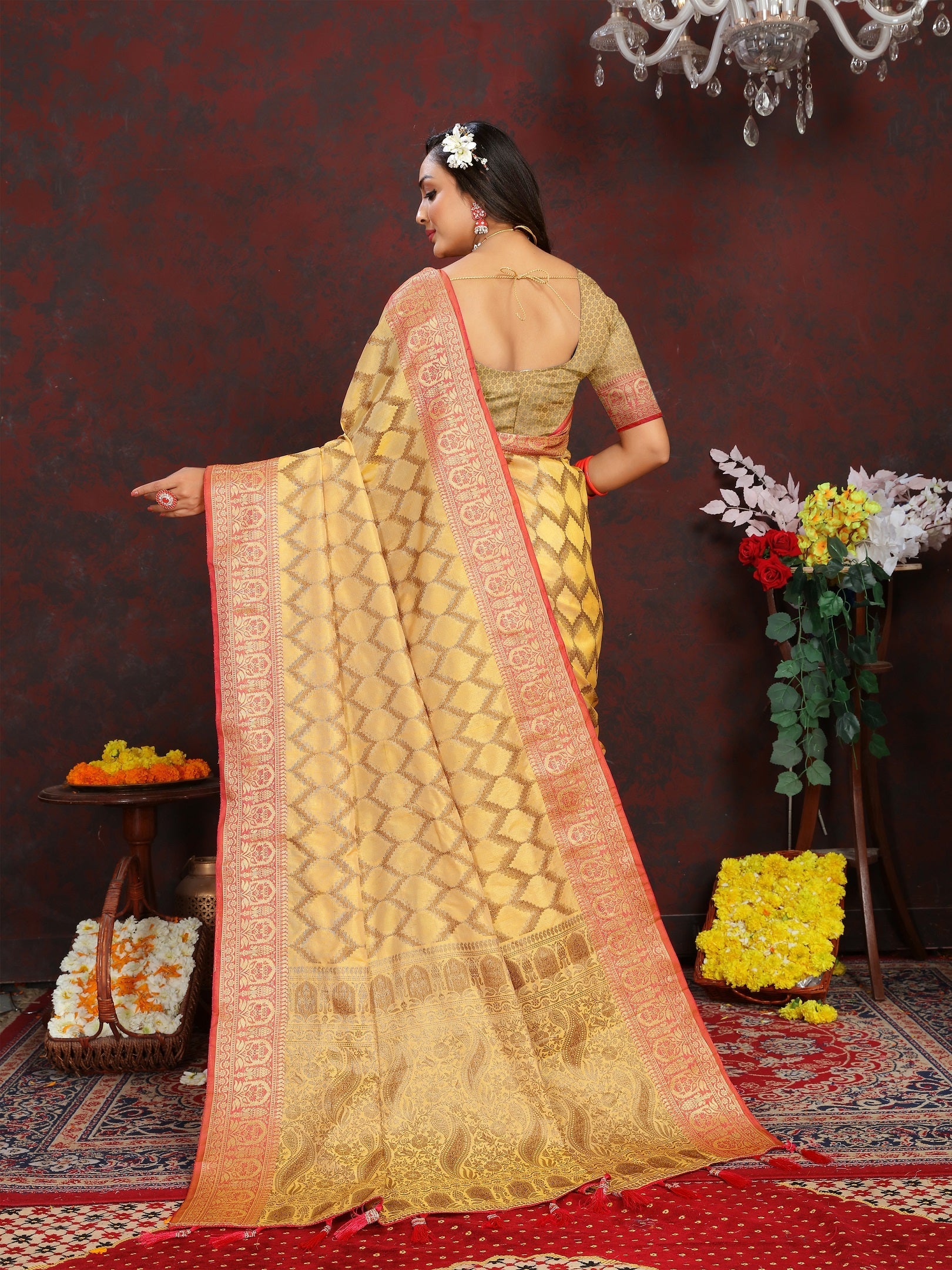 Vedant Vastram Mustard Color Banarasi Silk Saree - Mustard | Swadesiicart