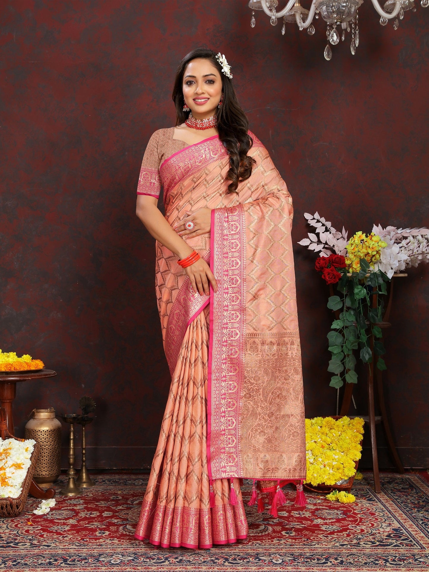 Vedant Vastram Peach Color Banarasi Silk Saree - Peach | Swadesiicart