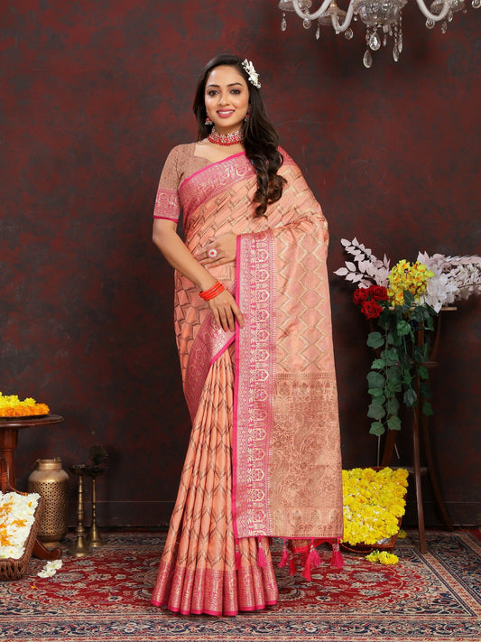 Vedant Vastram Peach Color Banarasi Silk Saree - Peach | Swadesiicart