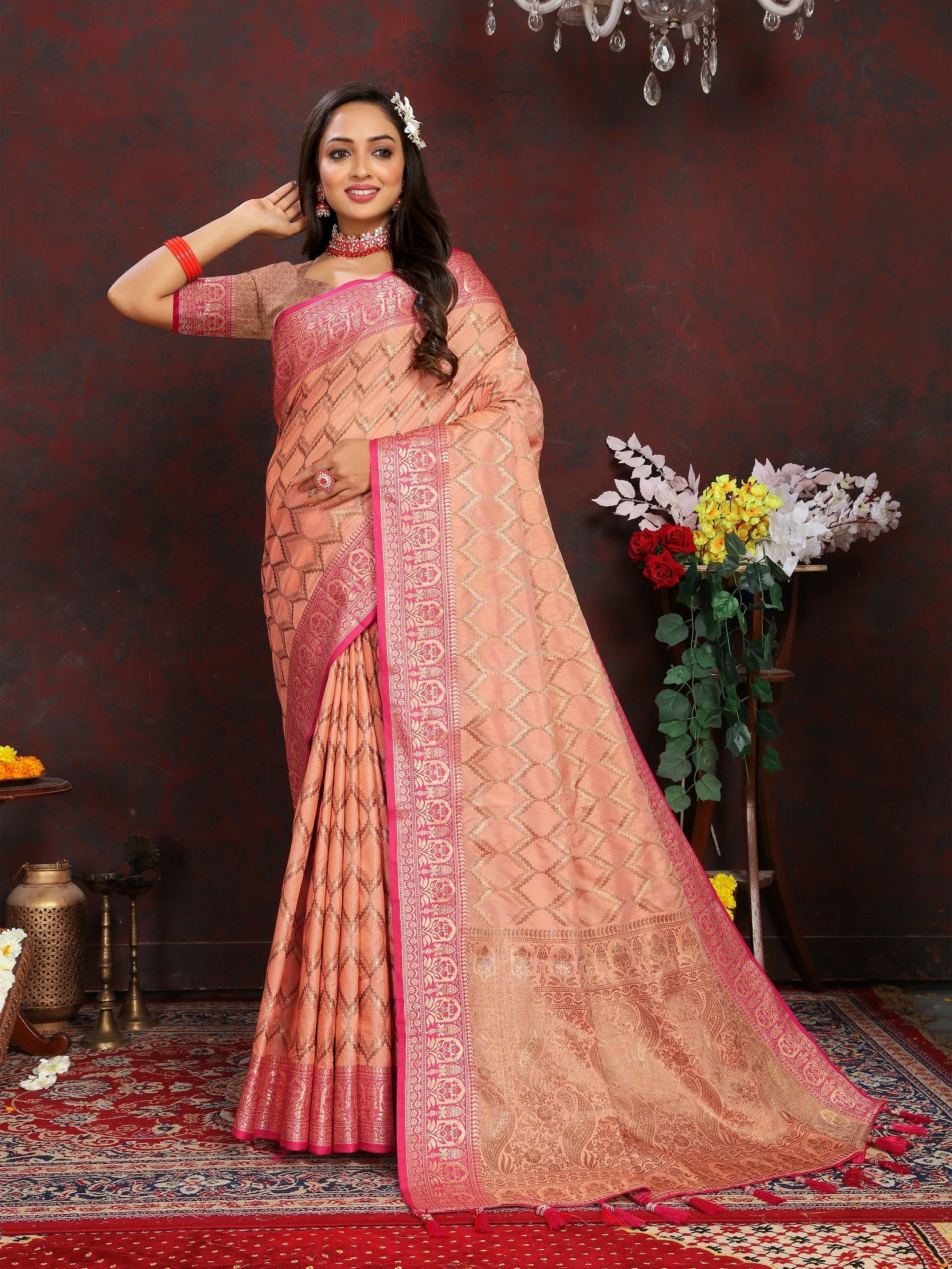 Vedant Vastram Peach Color Banarasi Silk Saree - Peach | Swadesiicart