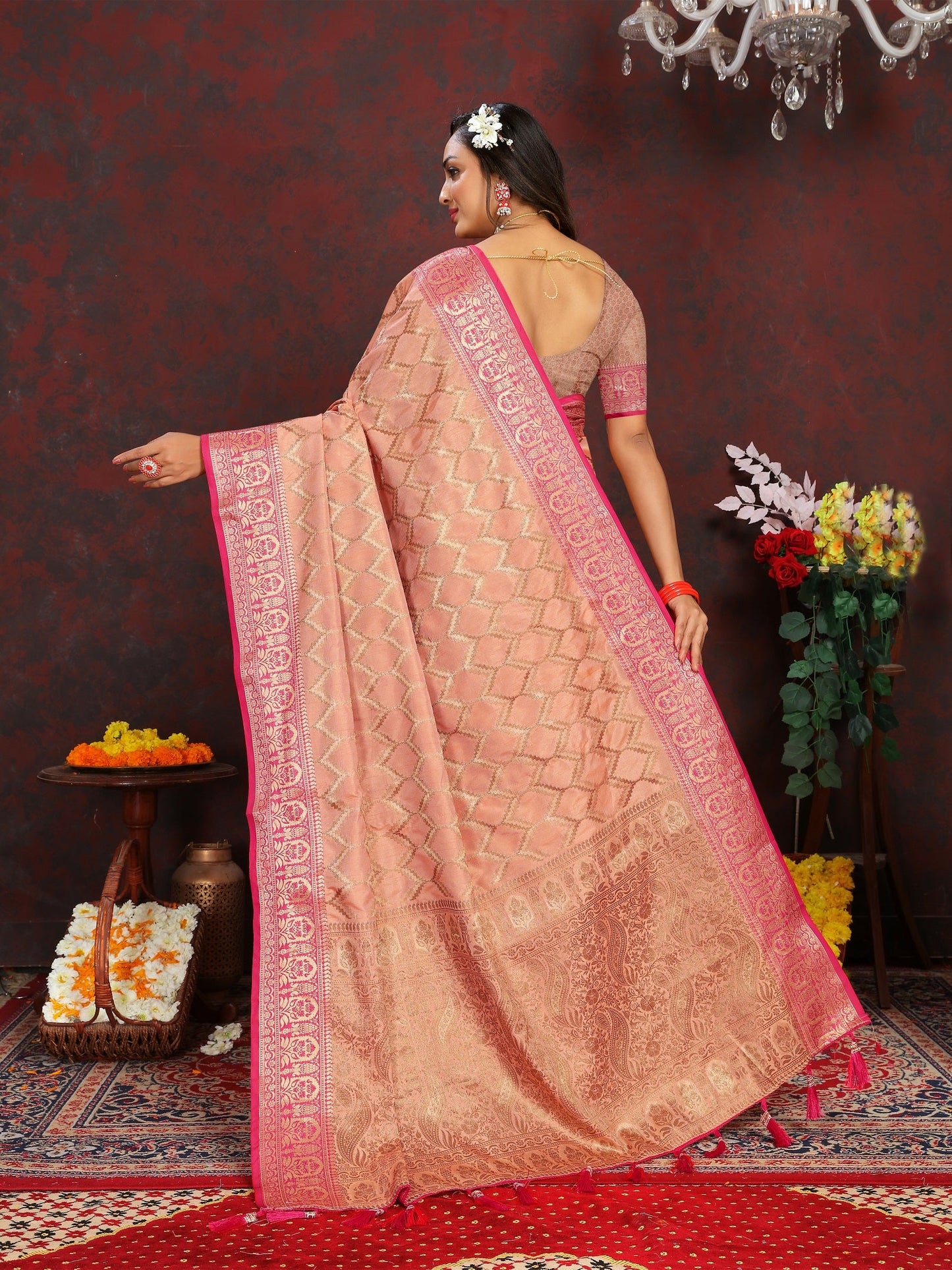 Vedant Vastram Peach Color Banarasi Silk Saree - Peach | Swadesiicart