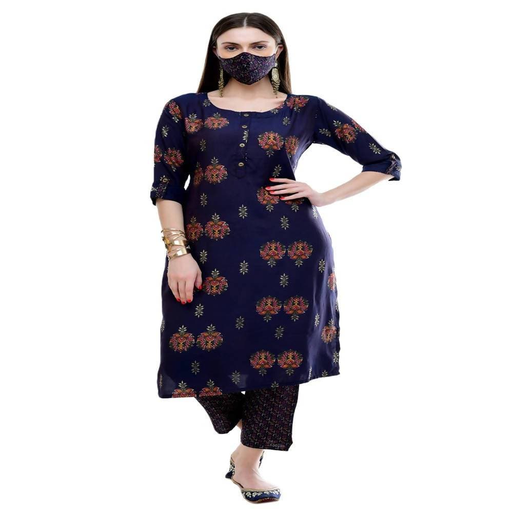 Lagi Women's Blue Printed Straight Kurta & Pant (MC38B) | Swadesiicart