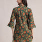 Aavyora Women's Ethnic Floral Printed Tunic - Green with Red & Gold Accents, Pin-Tucked Front, and Flared Hem