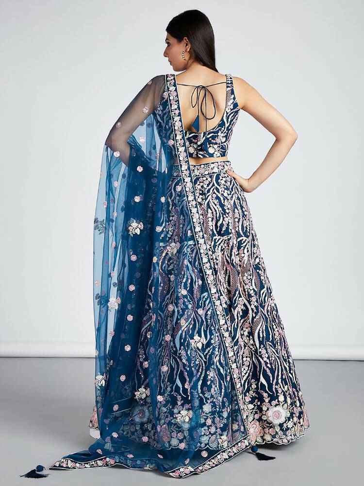 House of Panchhi Navy Blue Net Sequins And Thread Embroidery Lehenga Choli & Dupatta | Swadesiicart