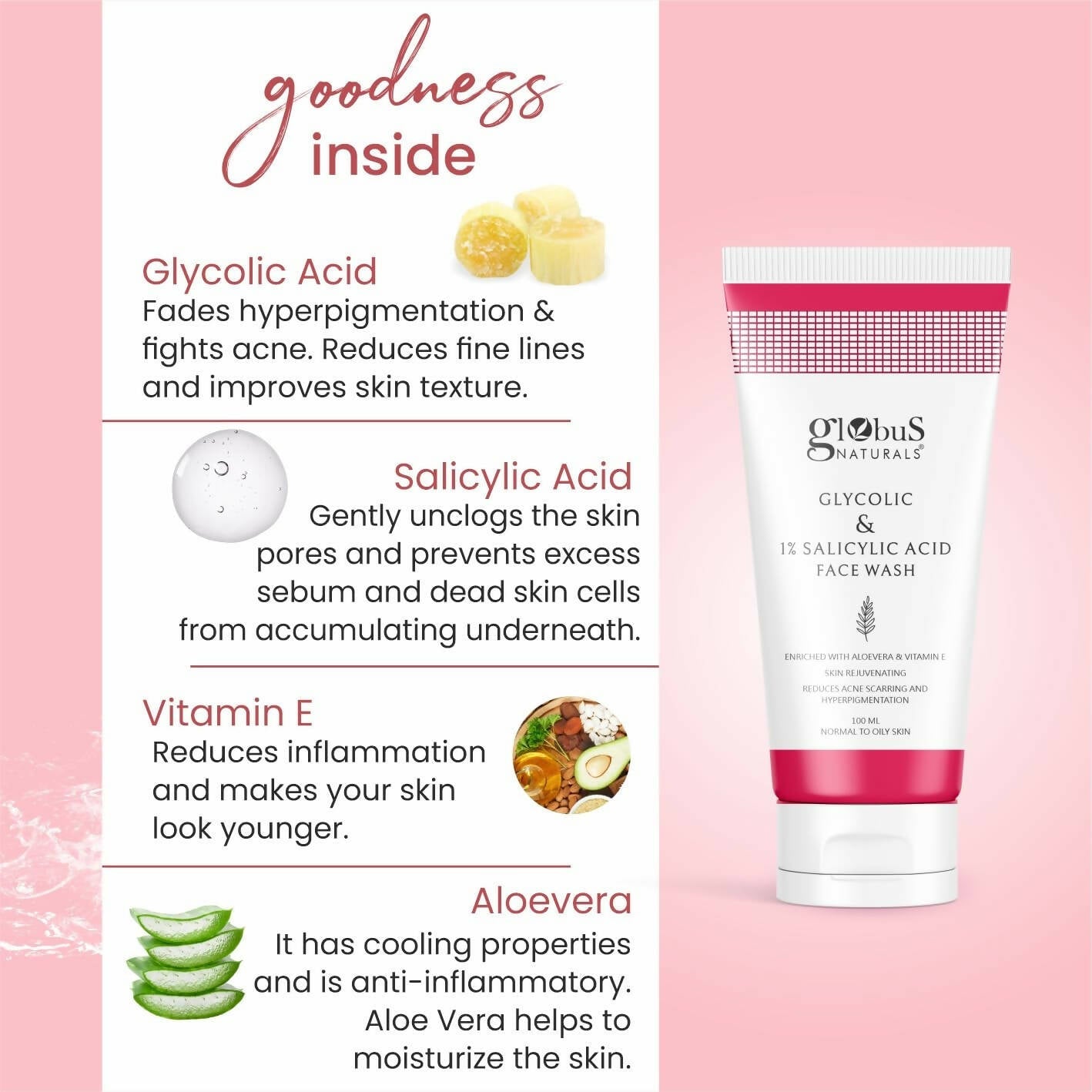 Globus Naturals Pimple Clear Glycolic & Salicylic Acid Face Wash - Swadesiicart