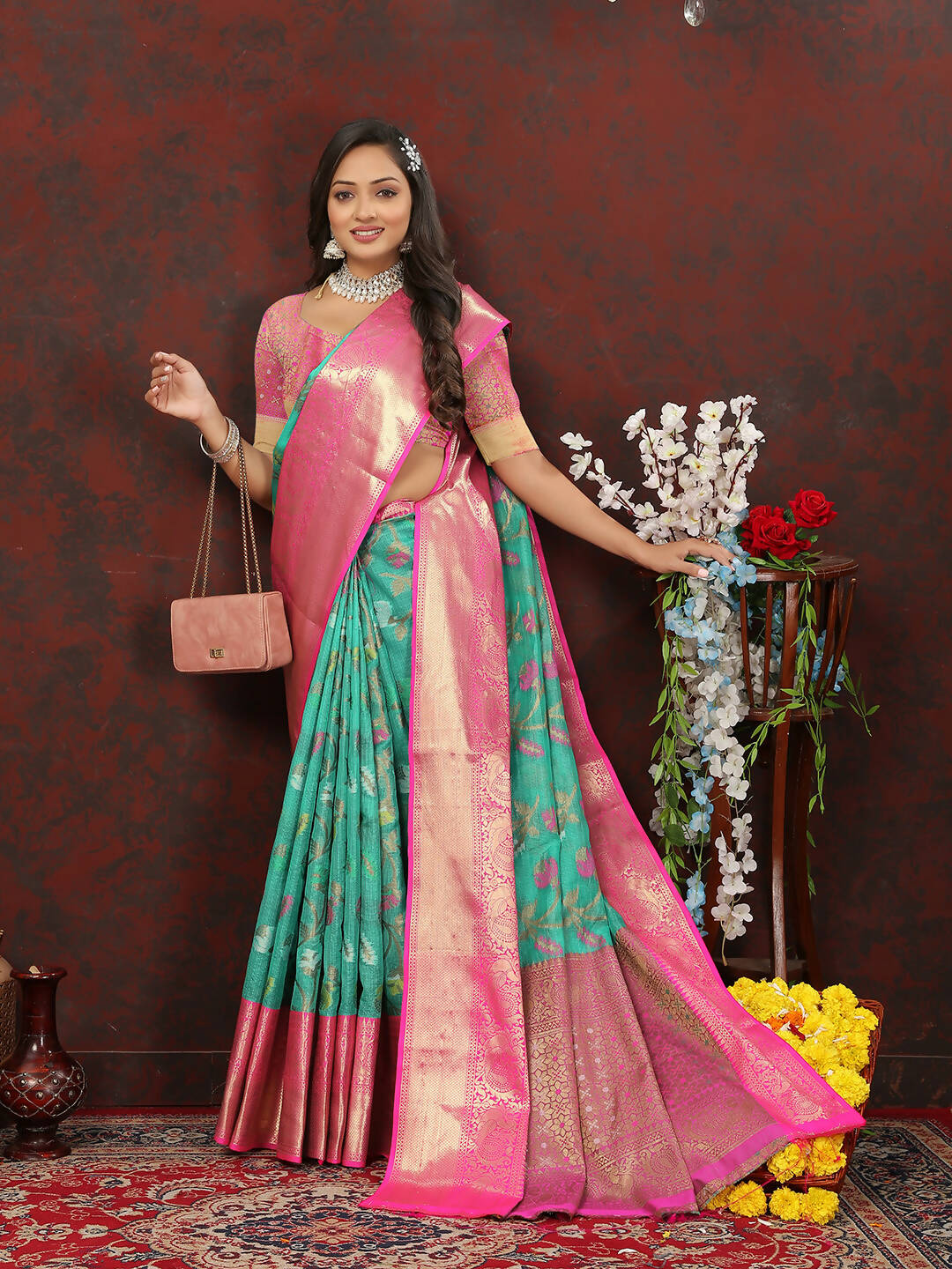 Lorenvalley Fashion Teal Cotton Woven Design Zari Meenakari Weaving Saree - Swadesiicart