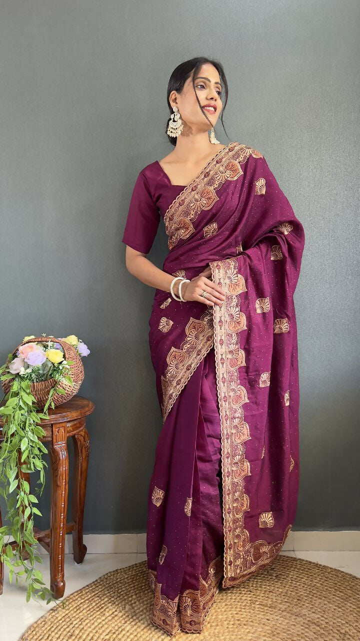Vastranavya Purple Vichitra Silk Zari with Swarovski Work Ready to Wear Saree | Swadesiicart