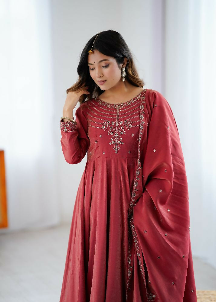 Joban Fashion Maroon Kurta Set Chanderi Sequence Embroidery Work - Swadesiicart