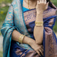 Vishnu Weaves Women's Navy Banarasi Silk Saree with Blouse - Swadesiicart