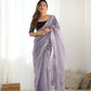Attrctive Looking Gold Jari, Sequance Embroidery Work Twill Net Party Wear Saree - Lavender