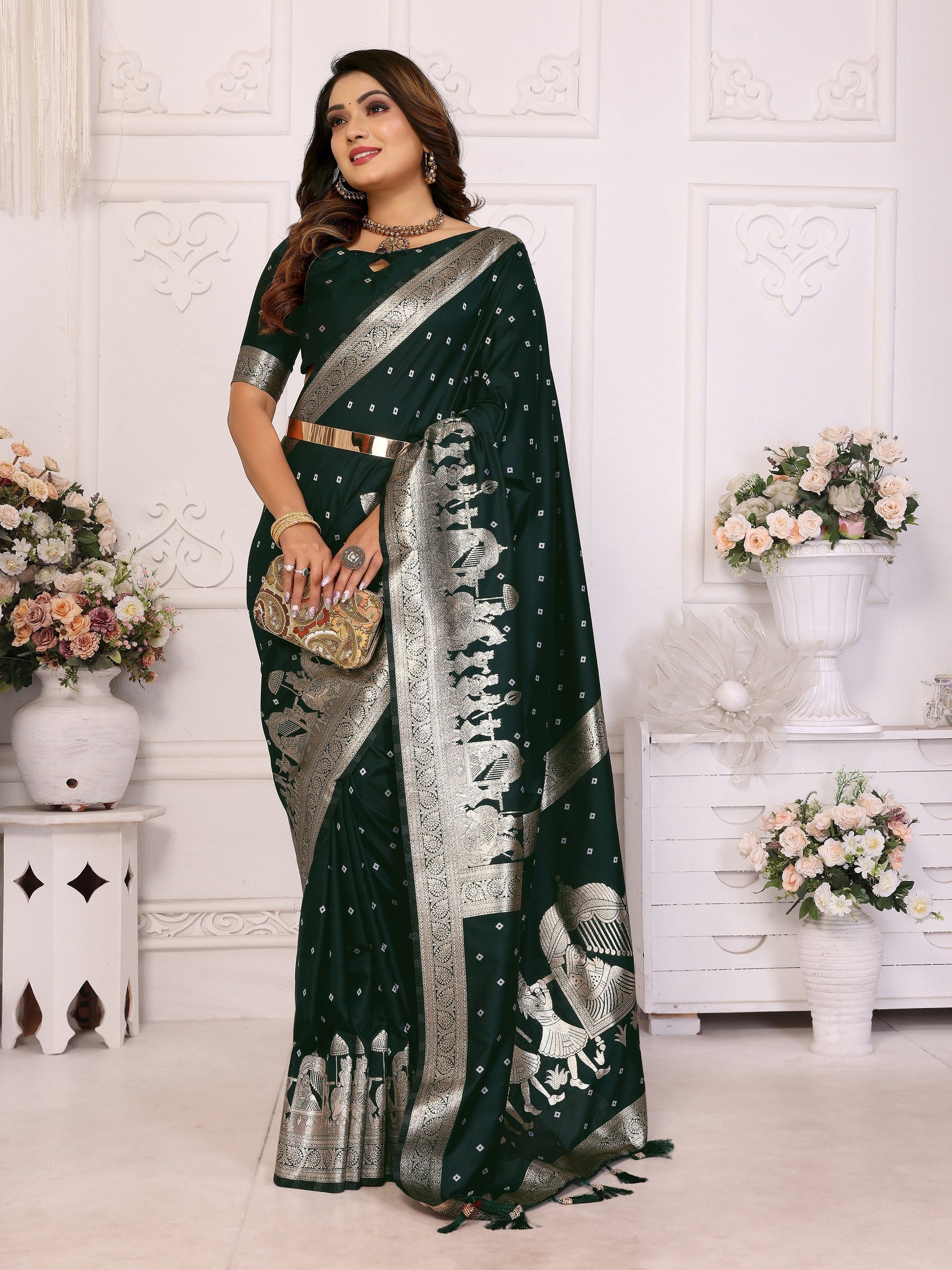 Vedant Vastram Soft Litchi Silk Banarasi Silk Saree - Green | Swadesiicart