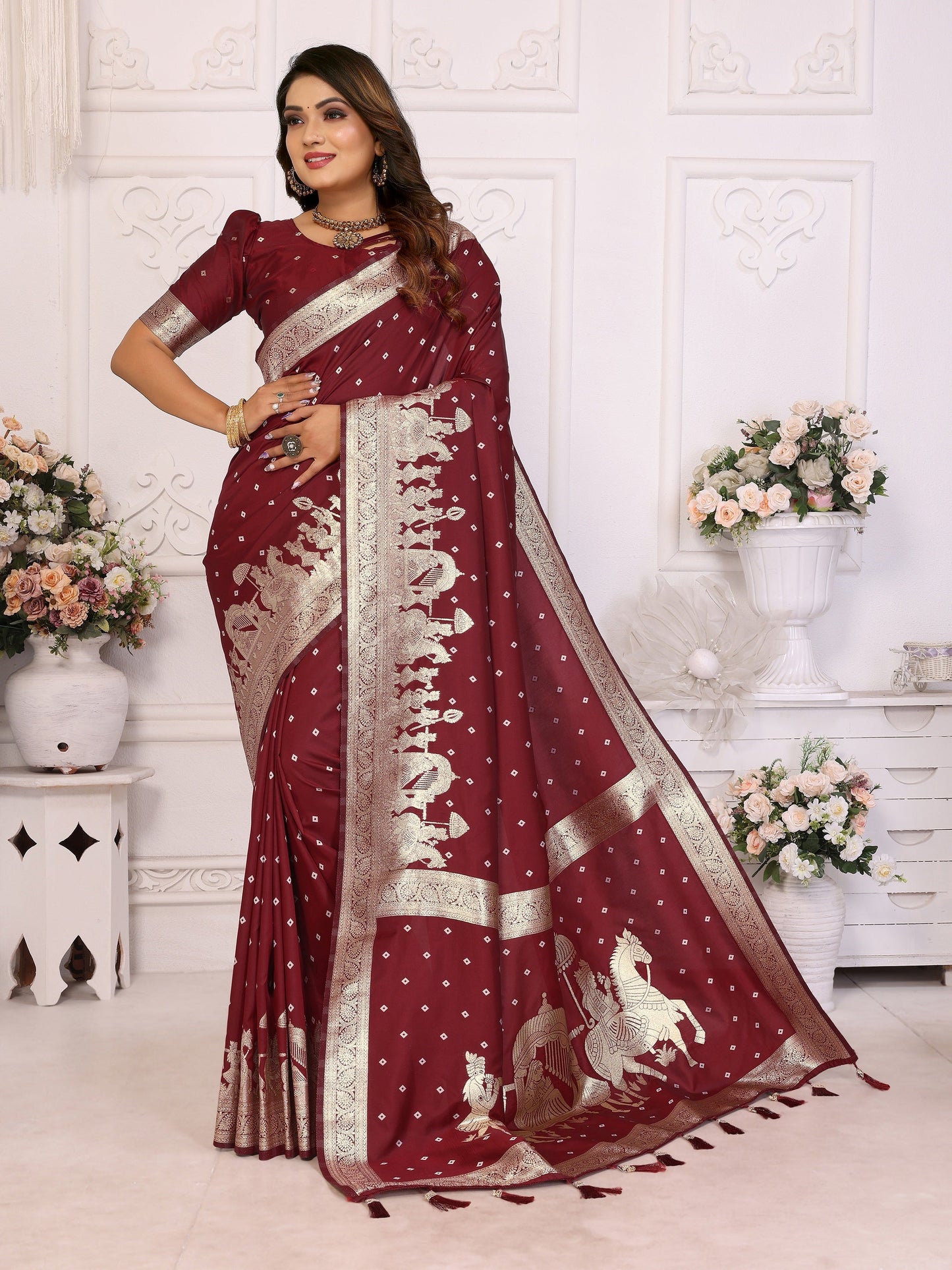 Vedant Vastram Soft Litchi Silk Banarasi Silk Saree - Maroon | Swadesiicart