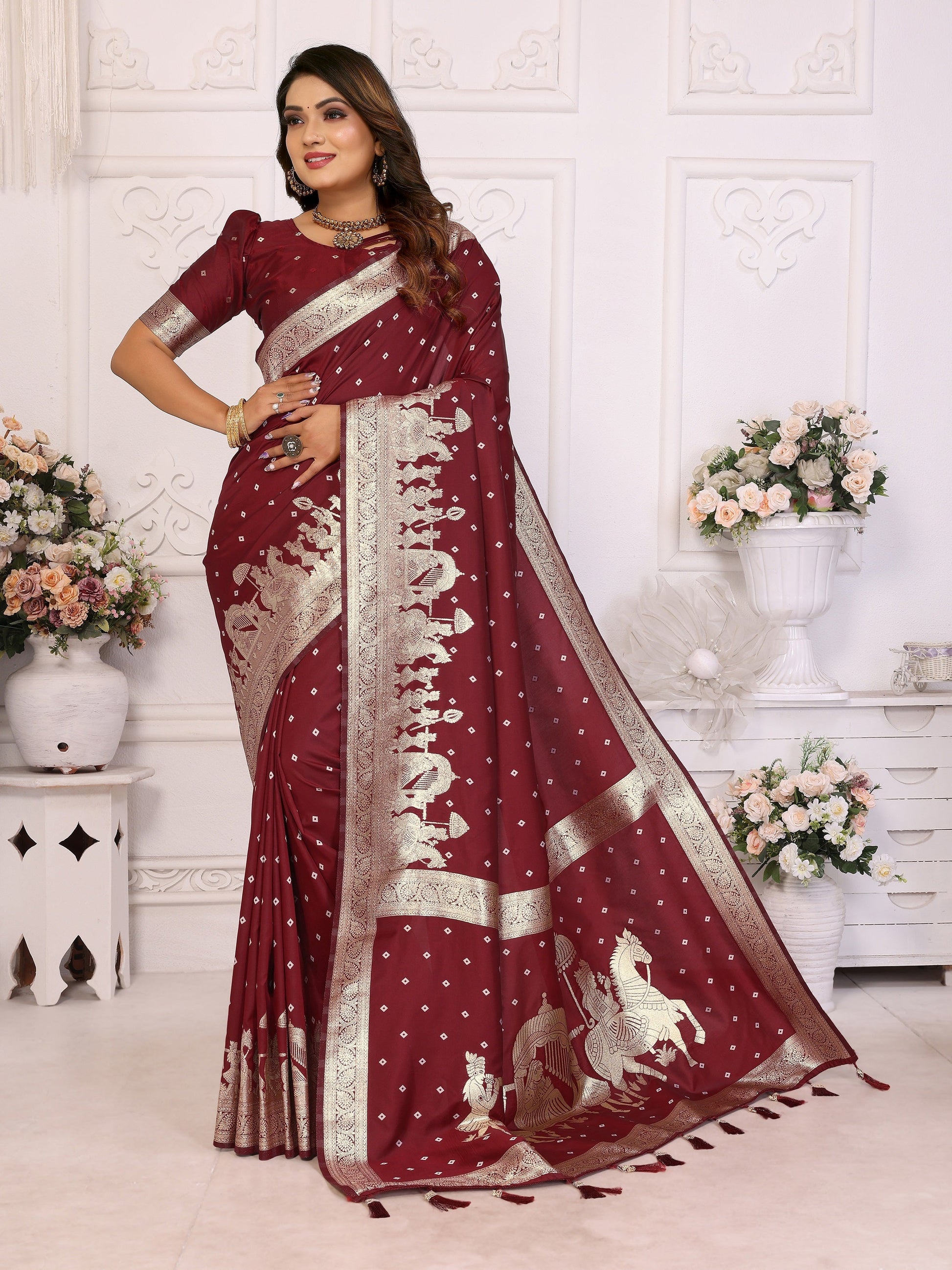 Vedant Vastram Soft Litchi Silk Banarasi Silk Saree - Maroon | Swadesiicart