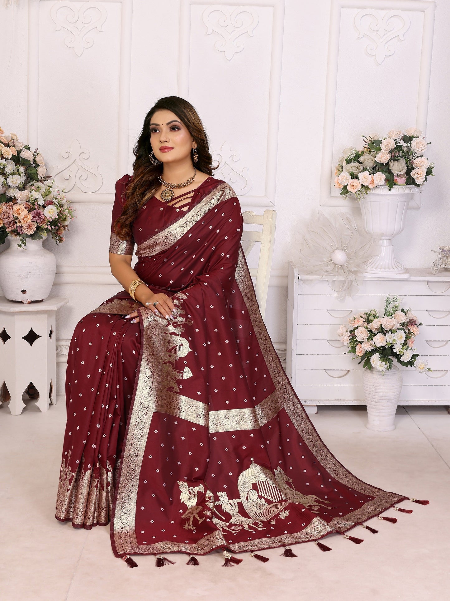 Vedant Vastram Soft Litchi Silk Banarasi Silk Saree - Maroon | Swadesiicart
