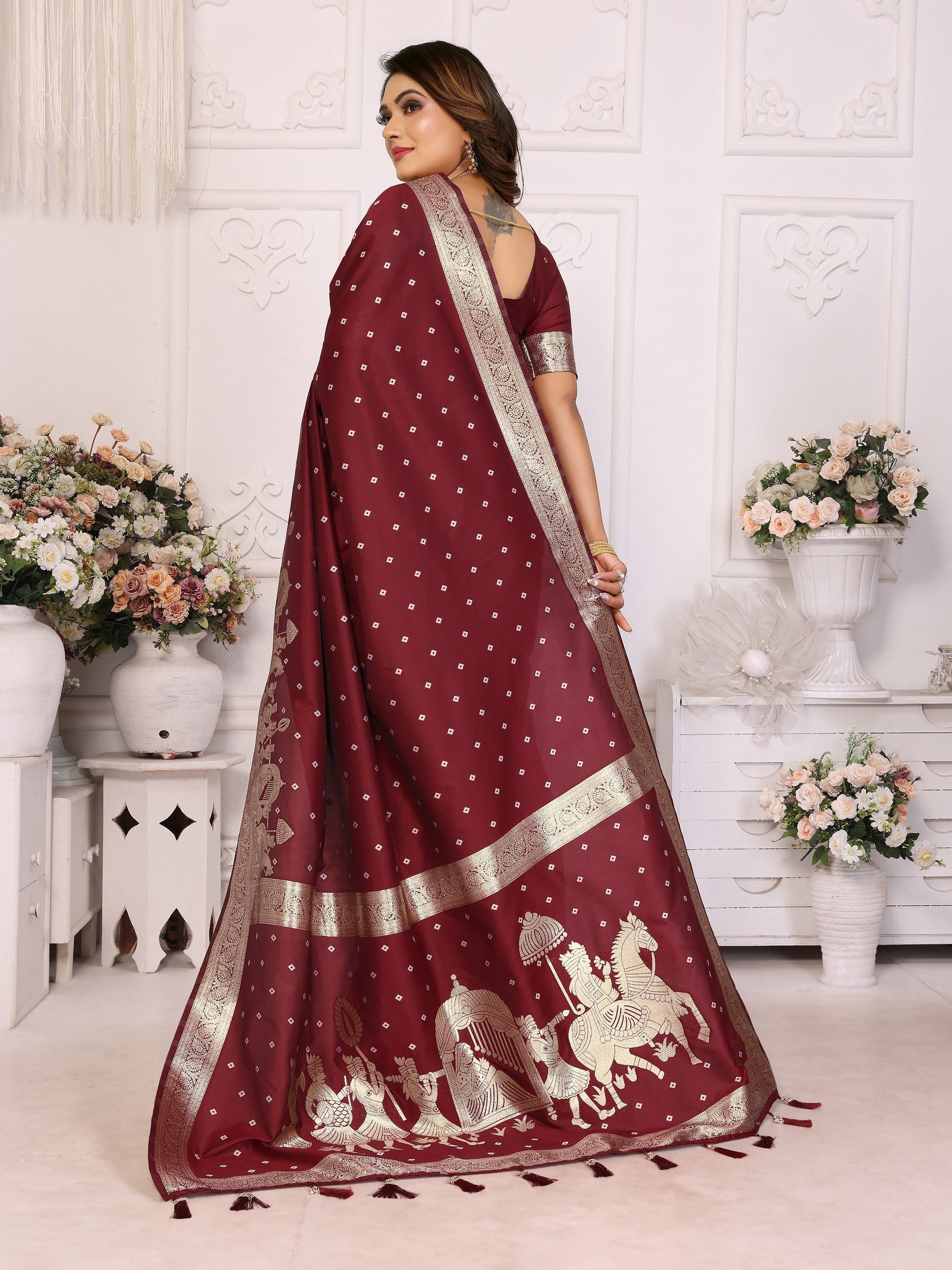 Vedant Vastram Soft Litchi Silk Banarasi Silk Saree - Maroon | Swadesiicart