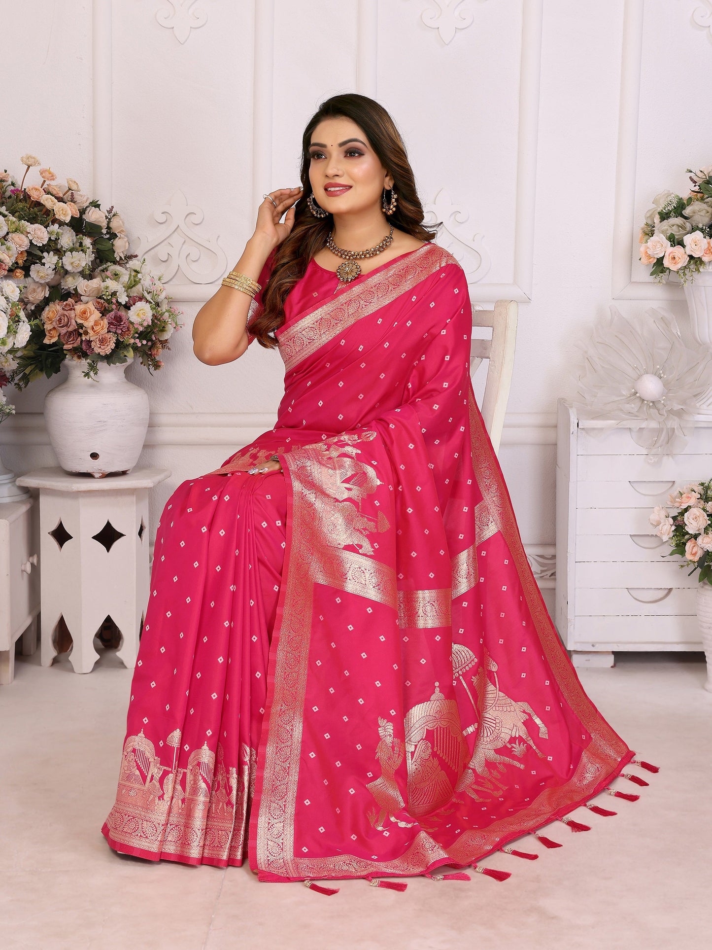 Vedant Vastram Soft Litchi Silk Banarasi Silk Saree - Rani | Swadesiicart