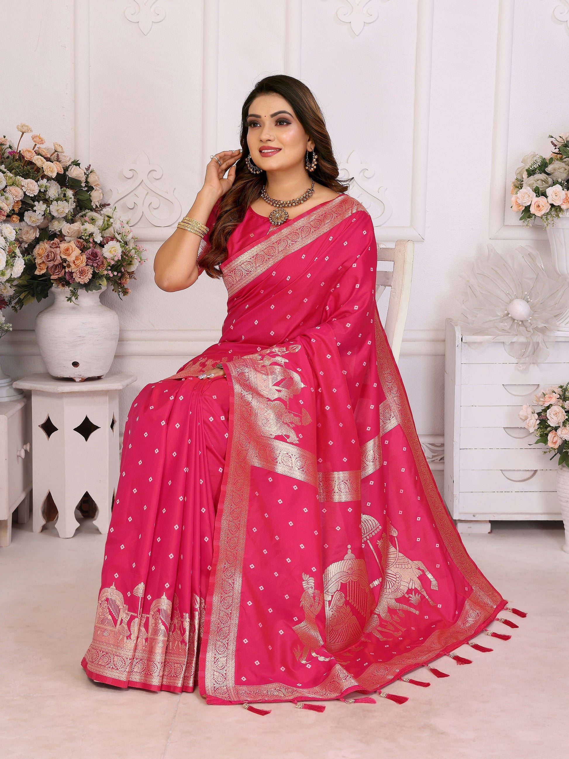 Vedant Vastram Soft Litchi Silk Banarasi Silk Saree - Rani | Swadesiicart