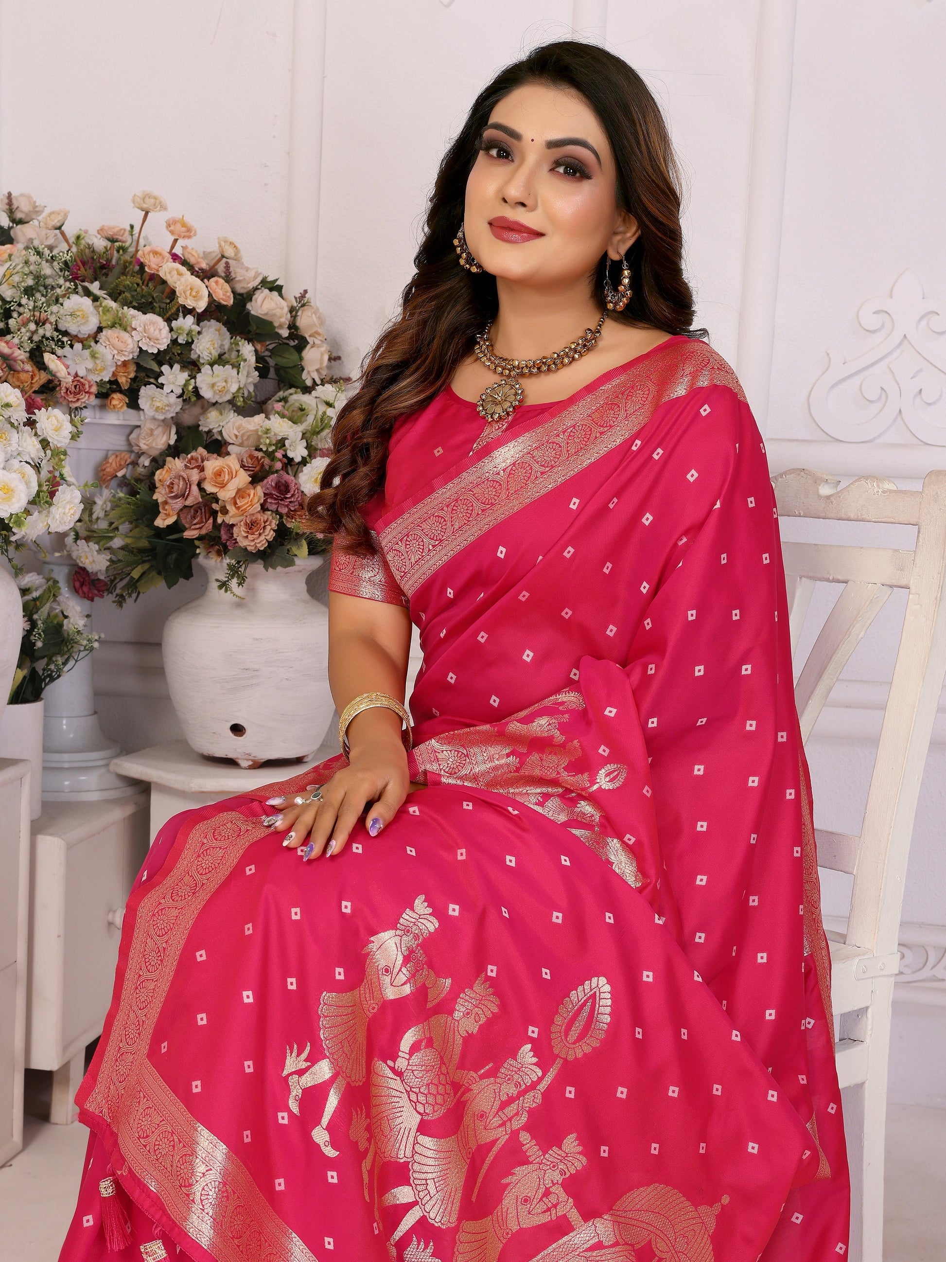 Vedant Vastram Soft Litchi Silk Banarasi Silk Saree - Rani | Swadesiicart