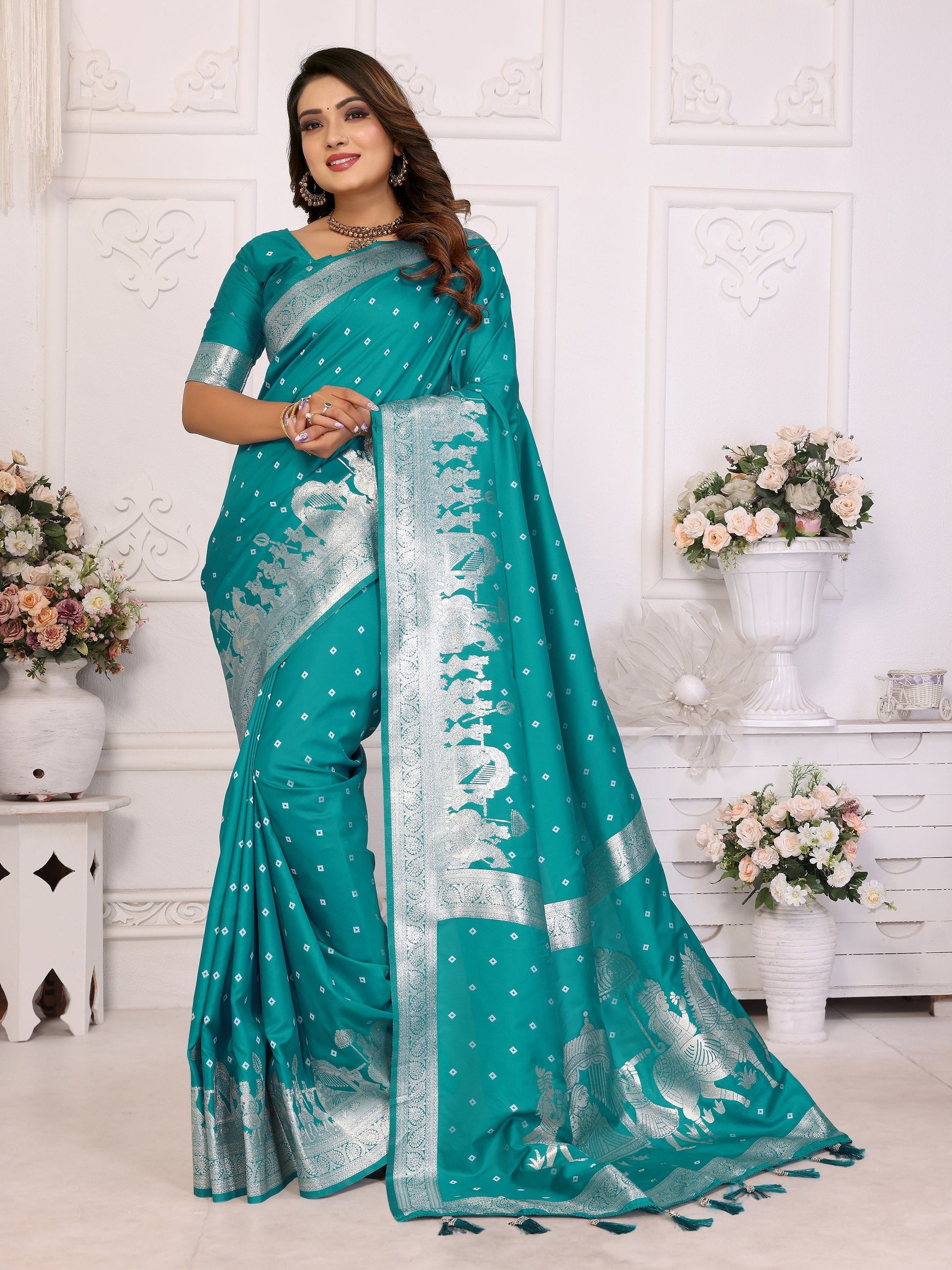 Vedant Vastram Soft Litchi Silk Banarasi Silk Saree - Turquoise | Swadesiicart
