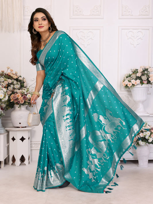 Vedant Vastram Soft Litchi Silk Banarasi Silk Saree - Turquoise | Swadesiicart