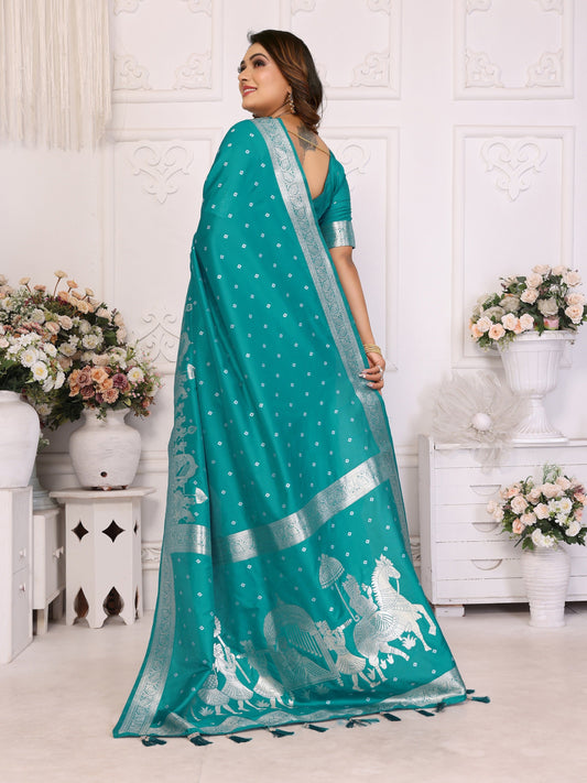 Vedant Vastram Soft Litchi Silk Banarasi Silk Saree - Turquoise | Swadesiicart