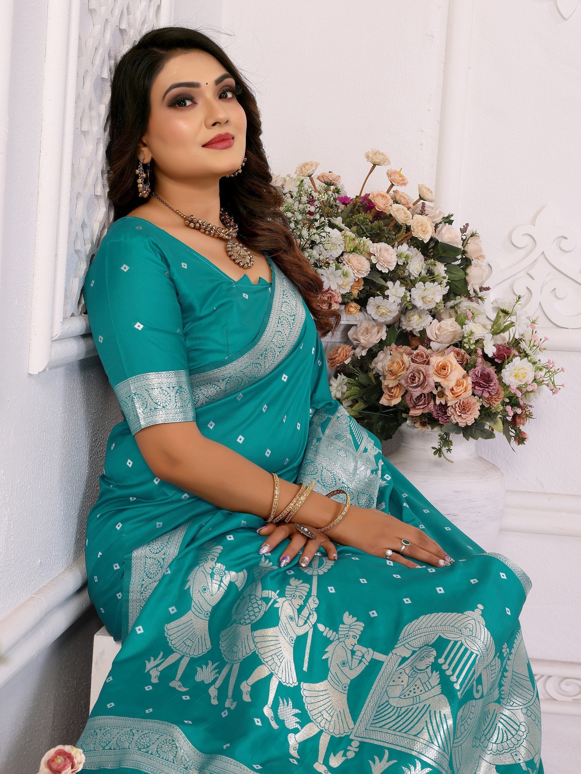 Vedant Vastram Soft Litchi Silk Banarasi Silk Saree - Turquoise | Swadesiicart