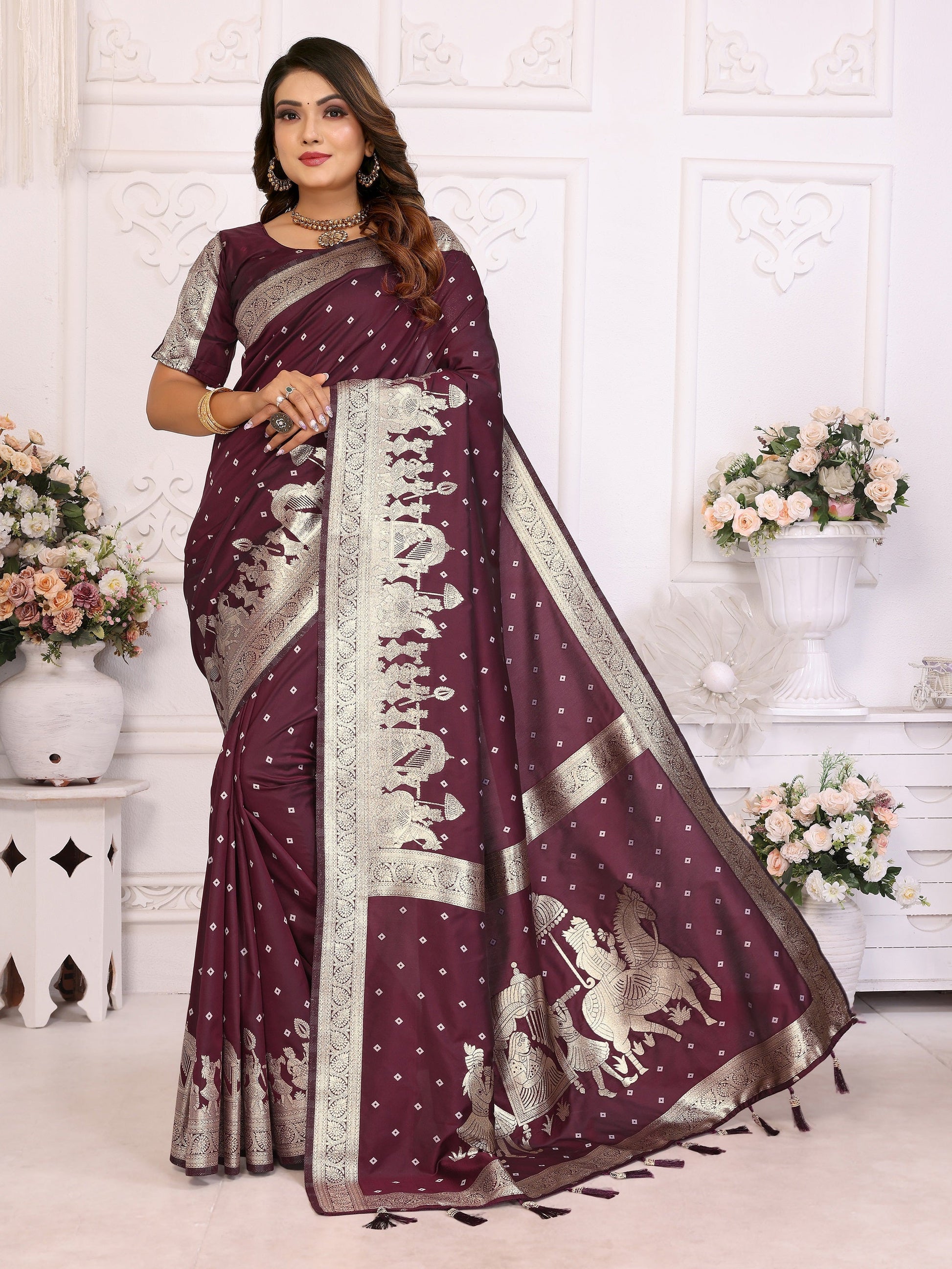 Vedant Vastram Soft Litchi Silk Banarasi Silk Saree - Wine | Swadesiicart