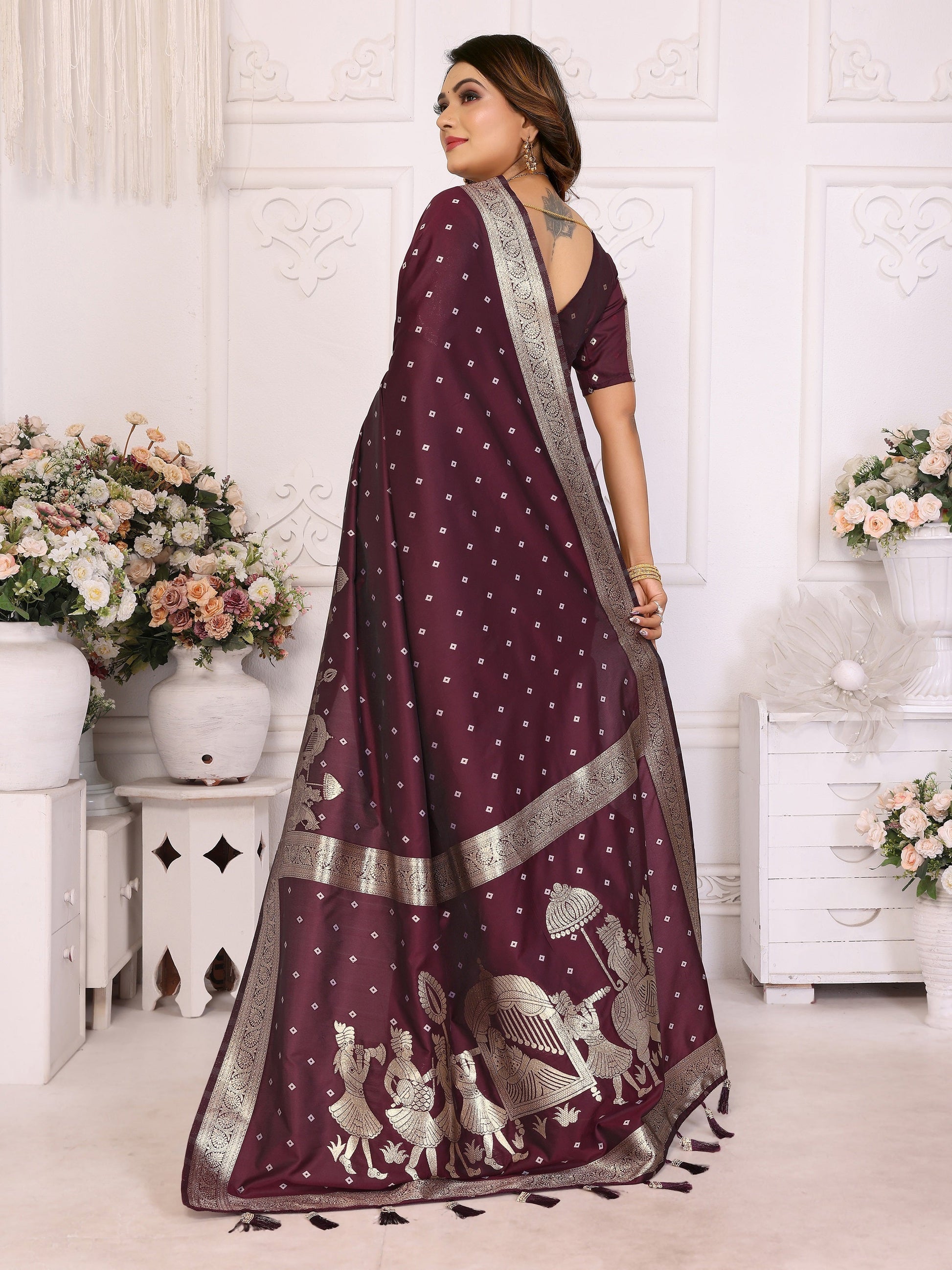 Vedant Vastram Soft Litchi Silk Banarasi Silk Saree - Wine | Swadesiicart