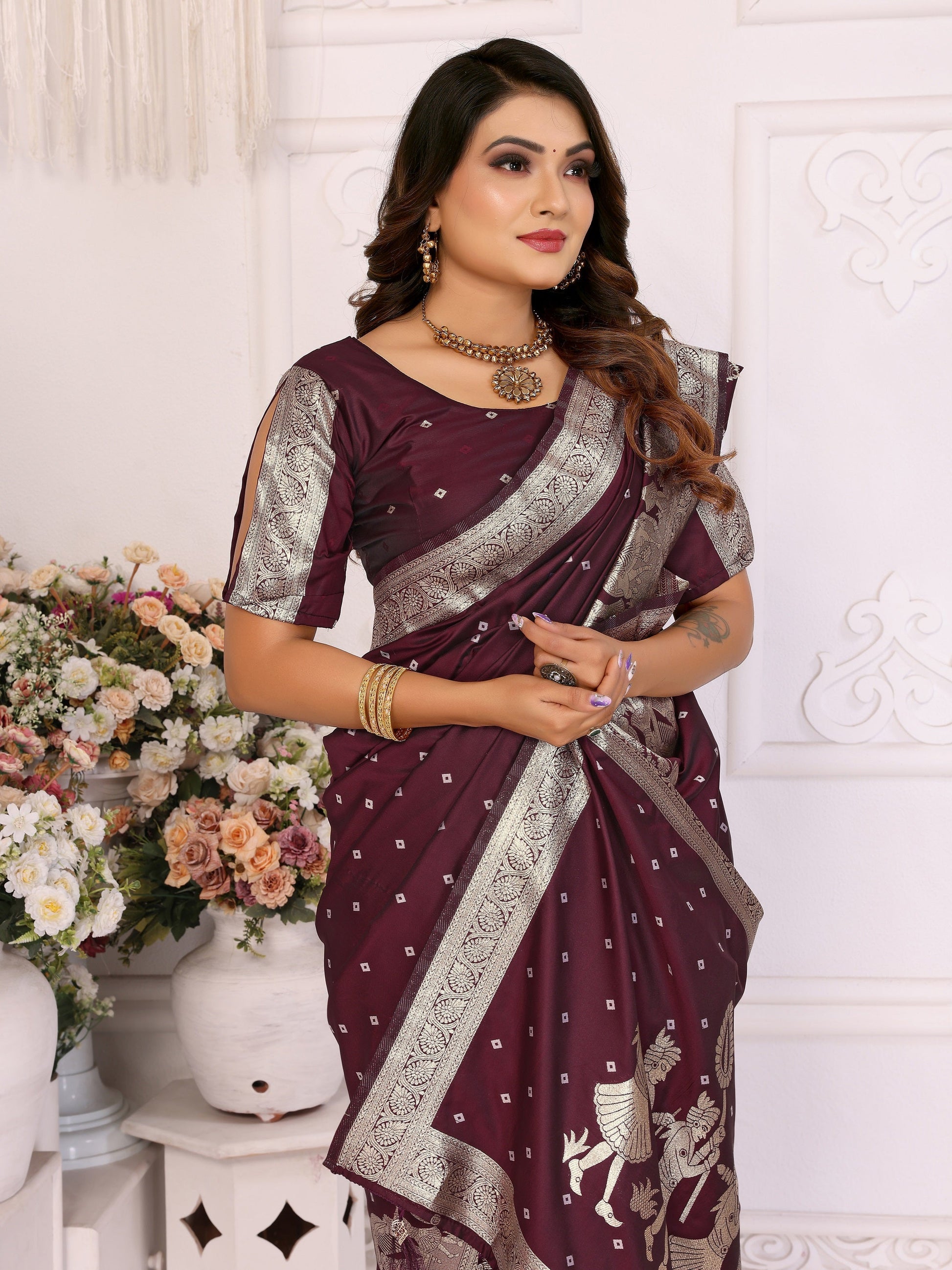 Vedant Vastram Soft Litchi Silk Banarasi Silk Saree - Wine | Swadesiicart