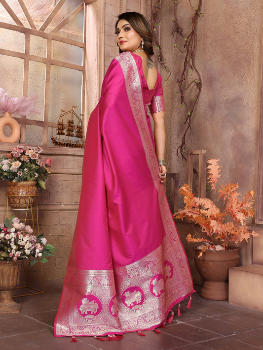 Vedant Vastram Soft Litchi Silk Banarasi Silk Saree - Magenta | Swadesiicart