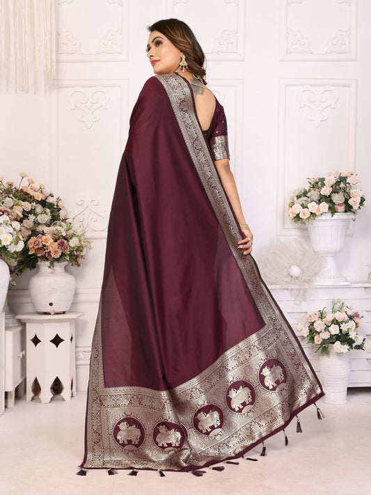 Vedant Vastram Soft Litchi Silk Banarasi Silk Saree - Maroon | Swadesiicart