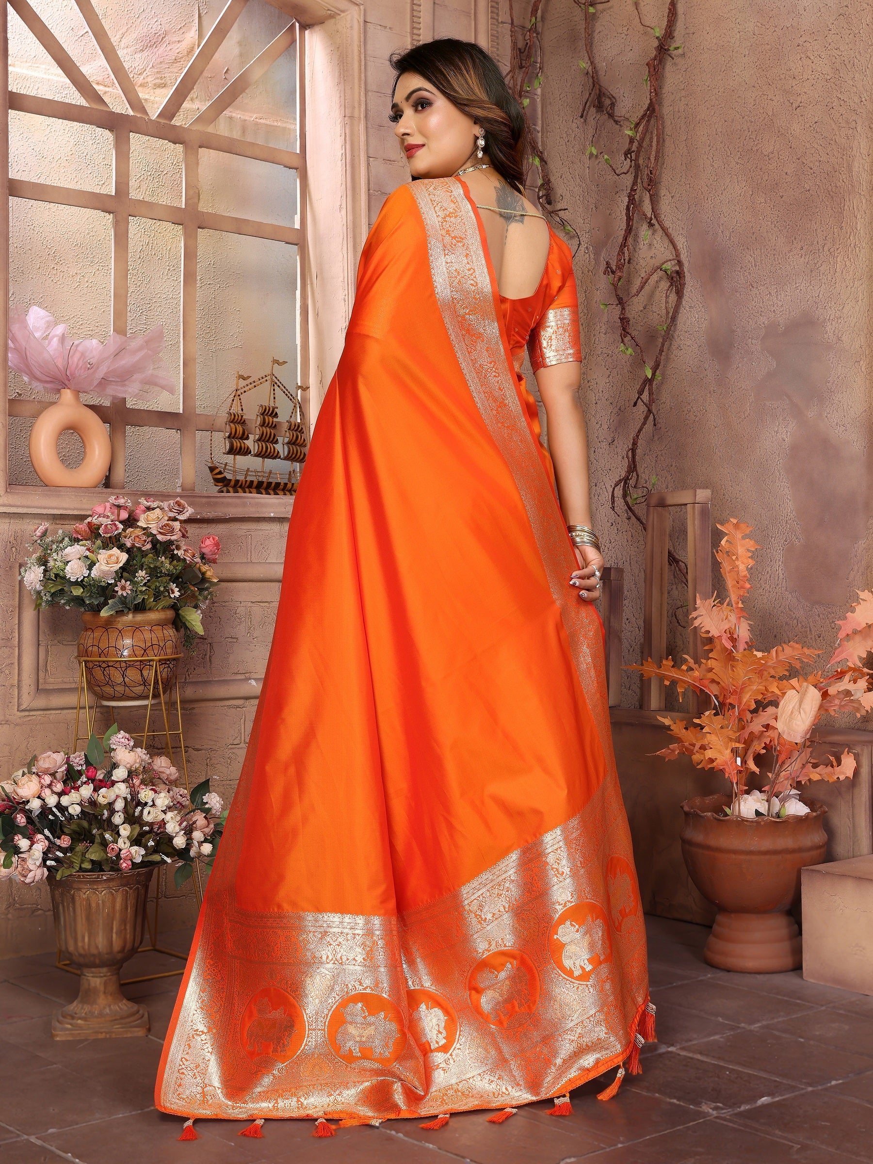 Vedant Vastram Soft Litchi Silk Banarasi Silk Saree - Orange | Swadesiicart