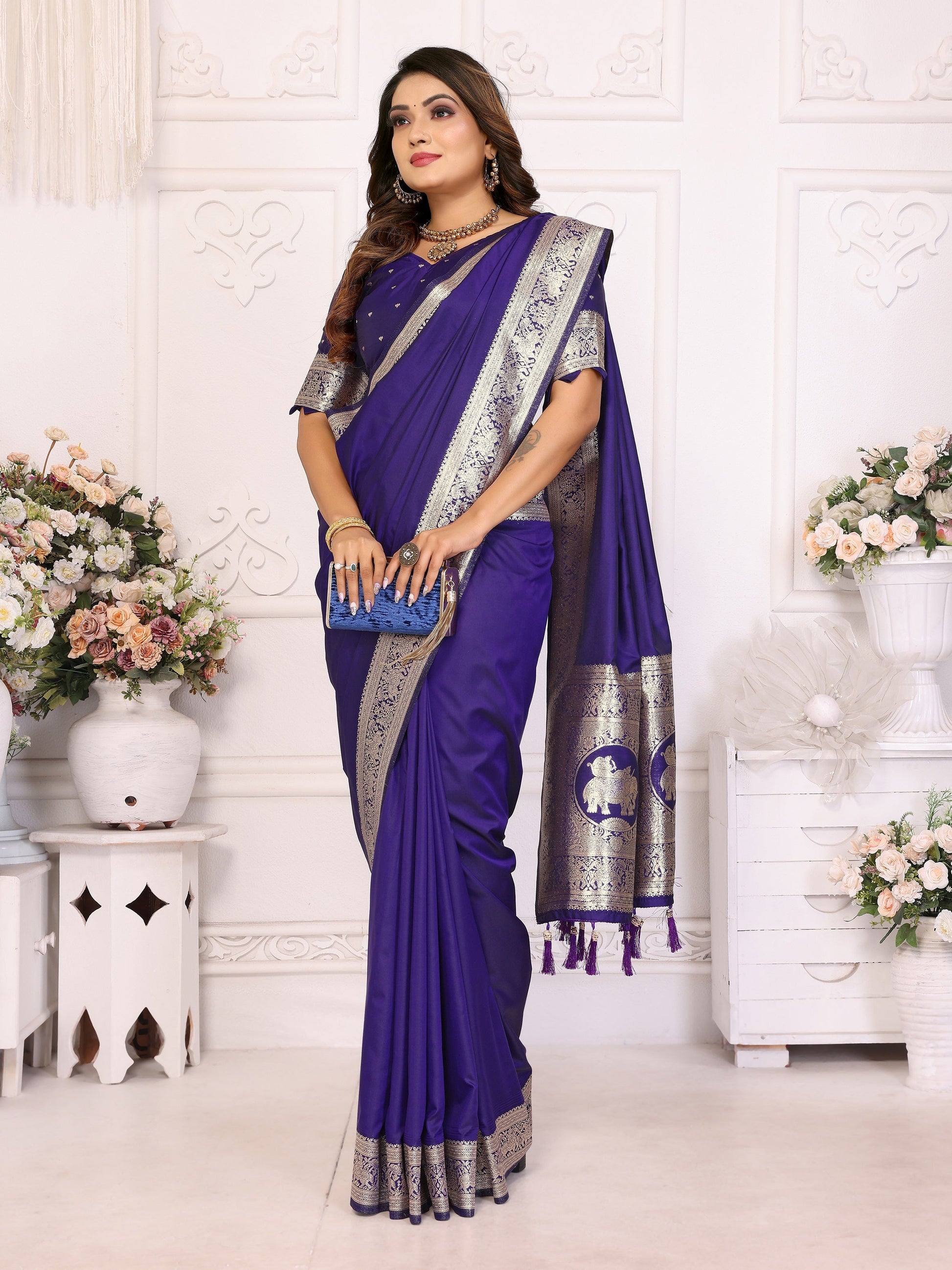 Vedant Vastram Soft Litchi Silk Banarasi Silk Saree - Violet | Swadesiicart