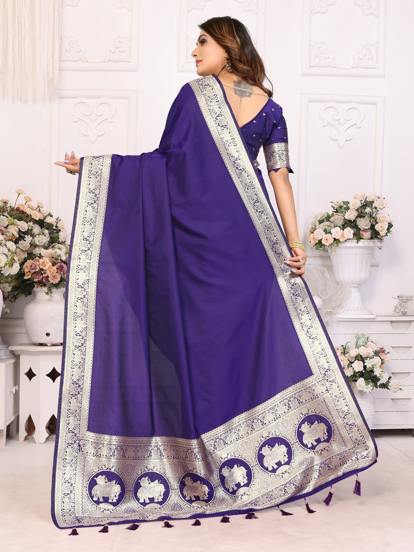 Vedant Vastram Soft Litchi Silk Banarasi Silk Saree - Violet | Swadesiicart