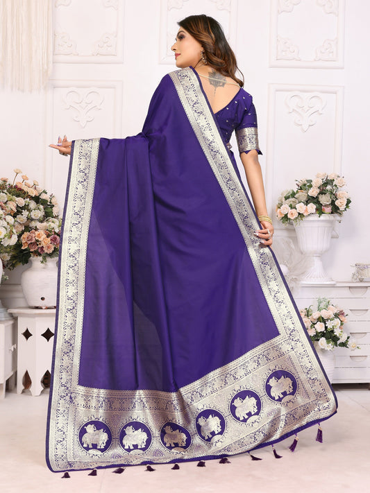 Vedant Vastram Soft Litchi Silk Banarasi Silk Saree - Violet | Swadesiicart