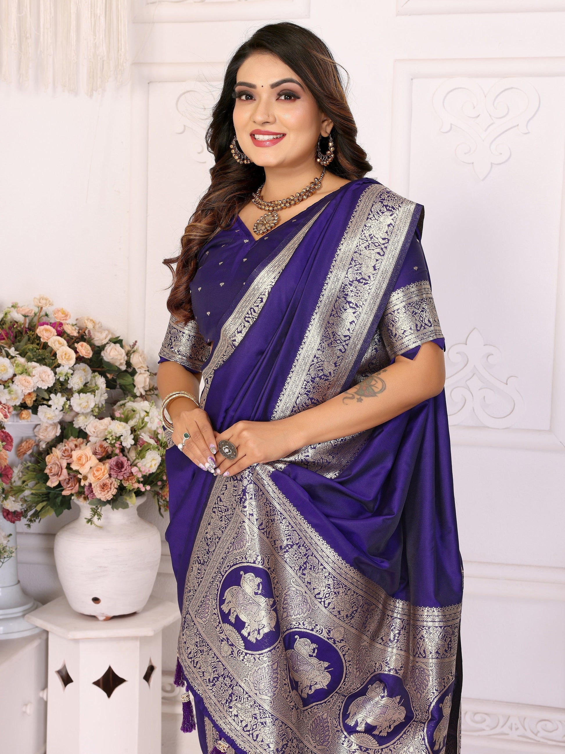 Vedant Vastram Soft Litchi Silk Banarasi Silk Saree - Violet | Swadesiicart