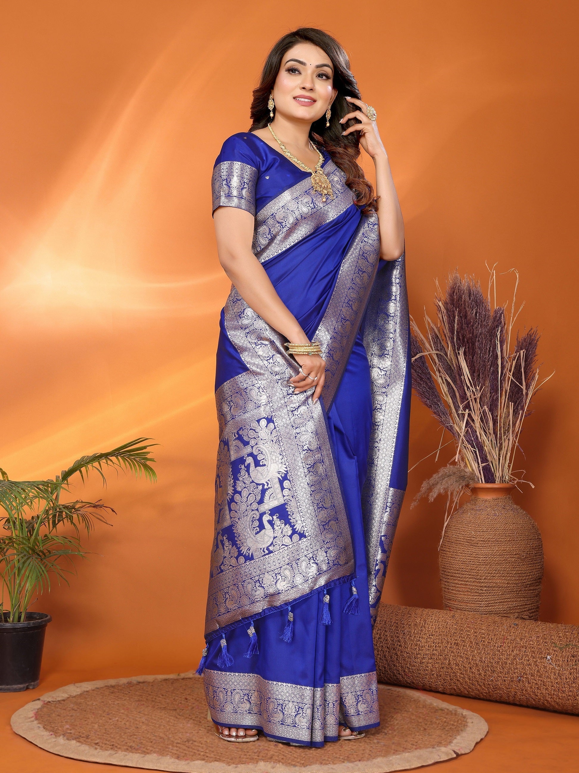 Vedant Vastram Soft Litchi Silk Banarasi Silk Saree - Blue | Swadesiicart