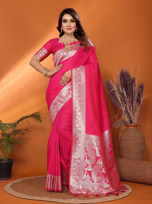 Vedant Vastram Soft Litchi Silk Banarasi Silk Saree - Magenta | Swadesiicart