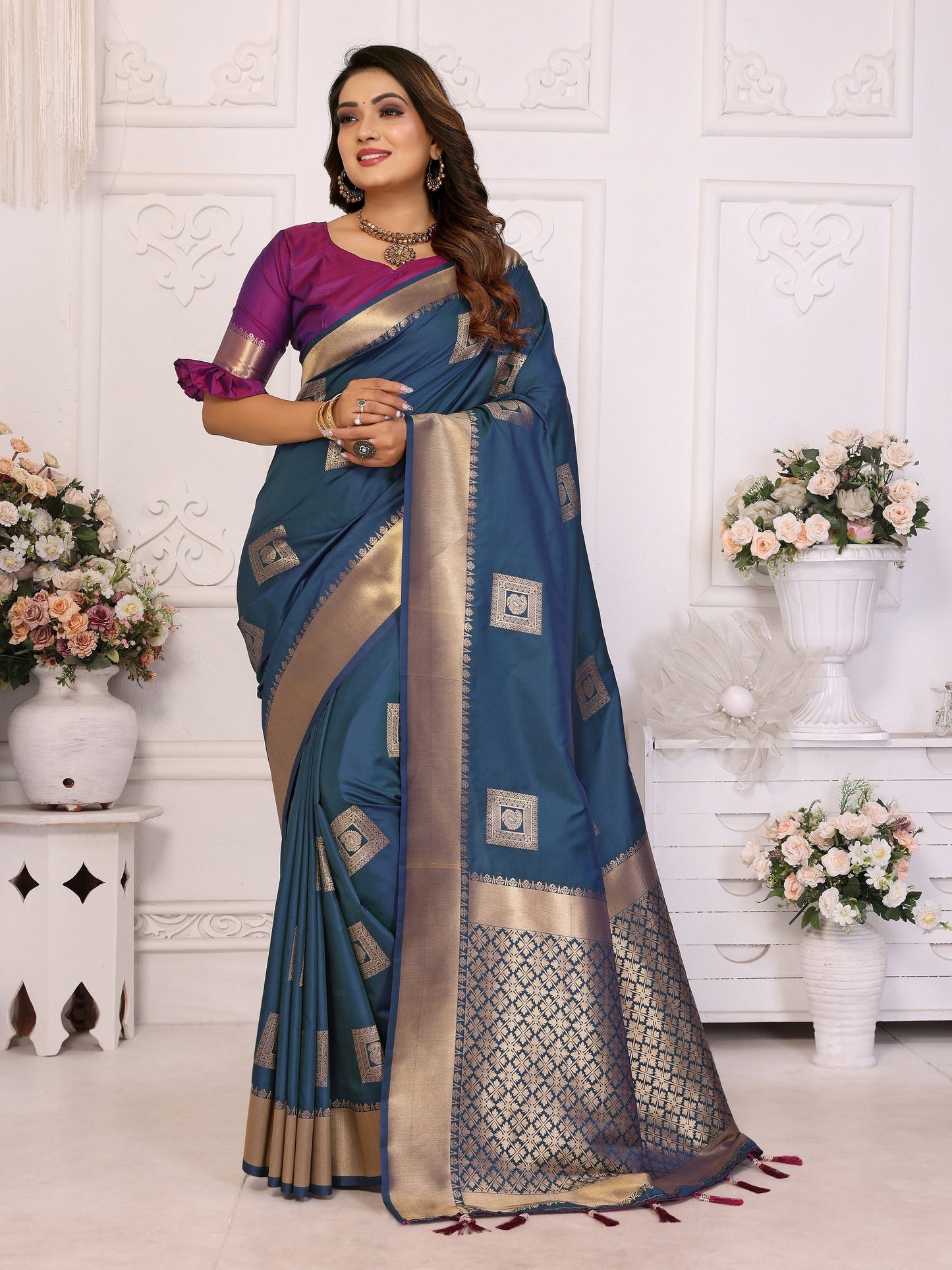 Vedant Vastram Soft Litchi Silk Banarasi Silk Saree - Blue | Swadesiicart