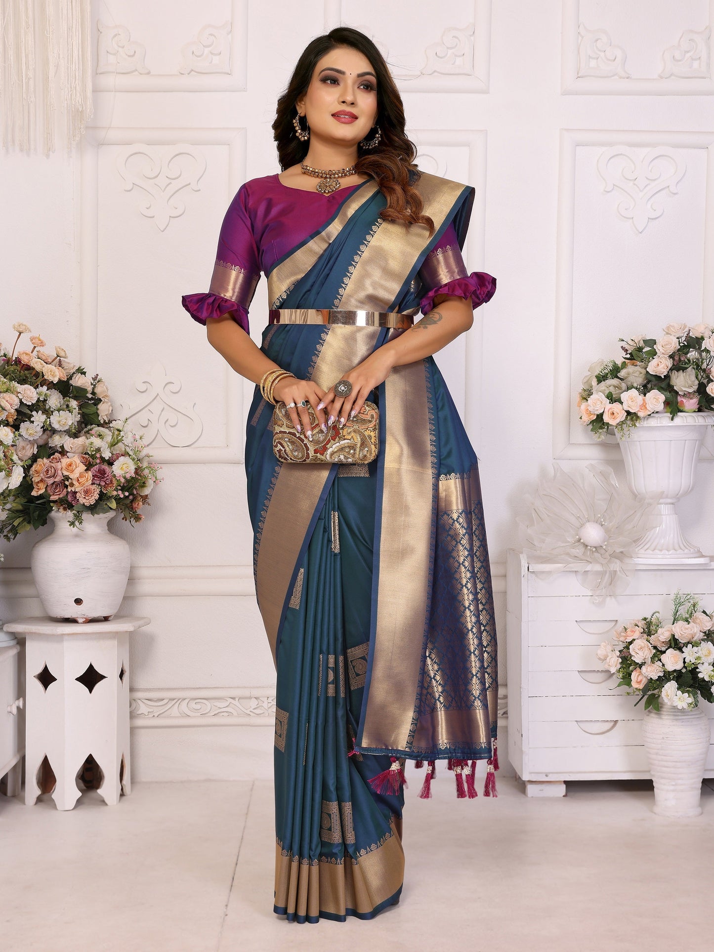 Vedant Vastram Soft Litchi Silk Banarasi Silk Saree - Blue | Swadesiicart