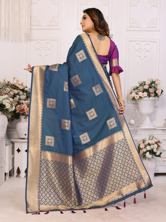 Vedant Vastram Soft Litchi Silk Banarasi Silk Saree - Blue | Swadesiicart