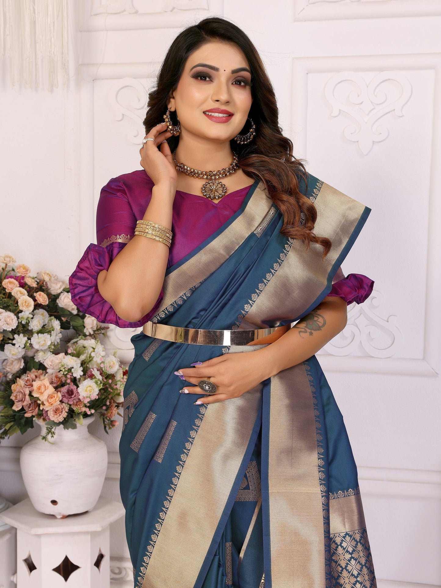 Vedant Vastram Soft Litchi Silk Banarasi Silk Saree - Blue | Swadesiicart
